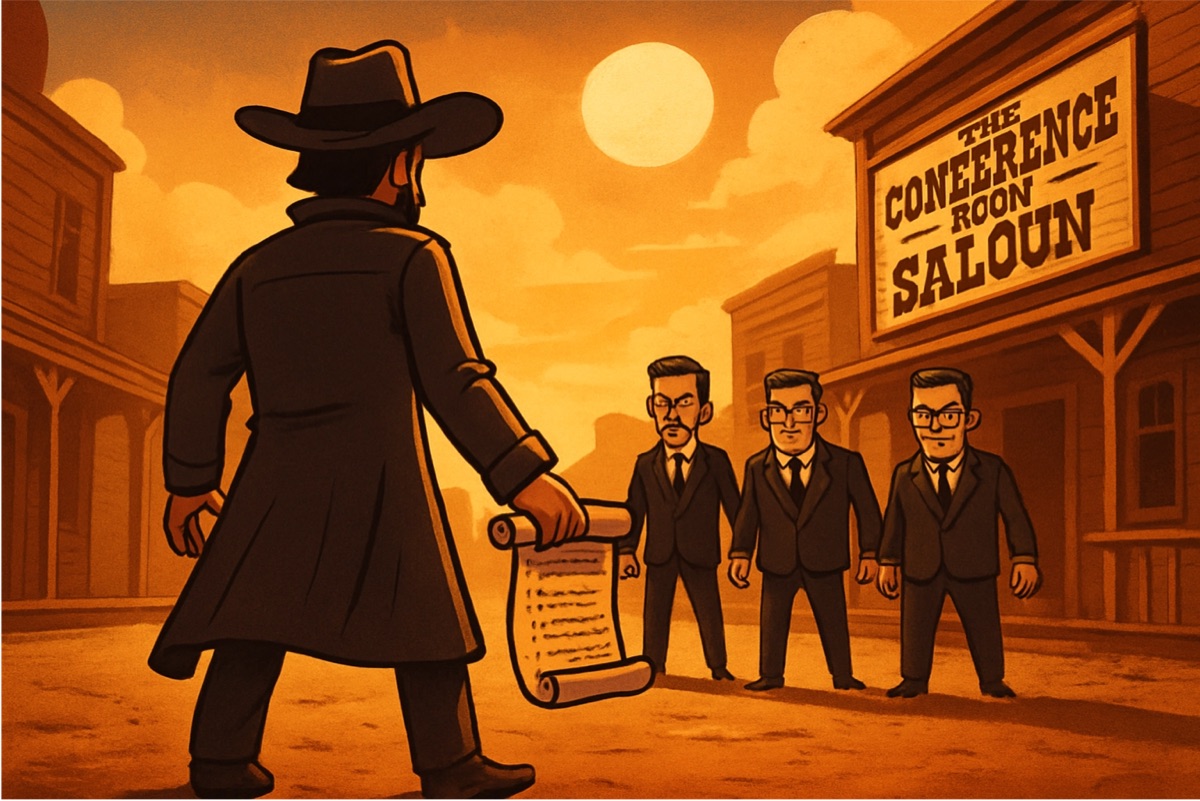 Western-Cartoon-Szene mit Entwicklern am Whiteboard, die von Führungskräften in Anzügen überstimmt werden