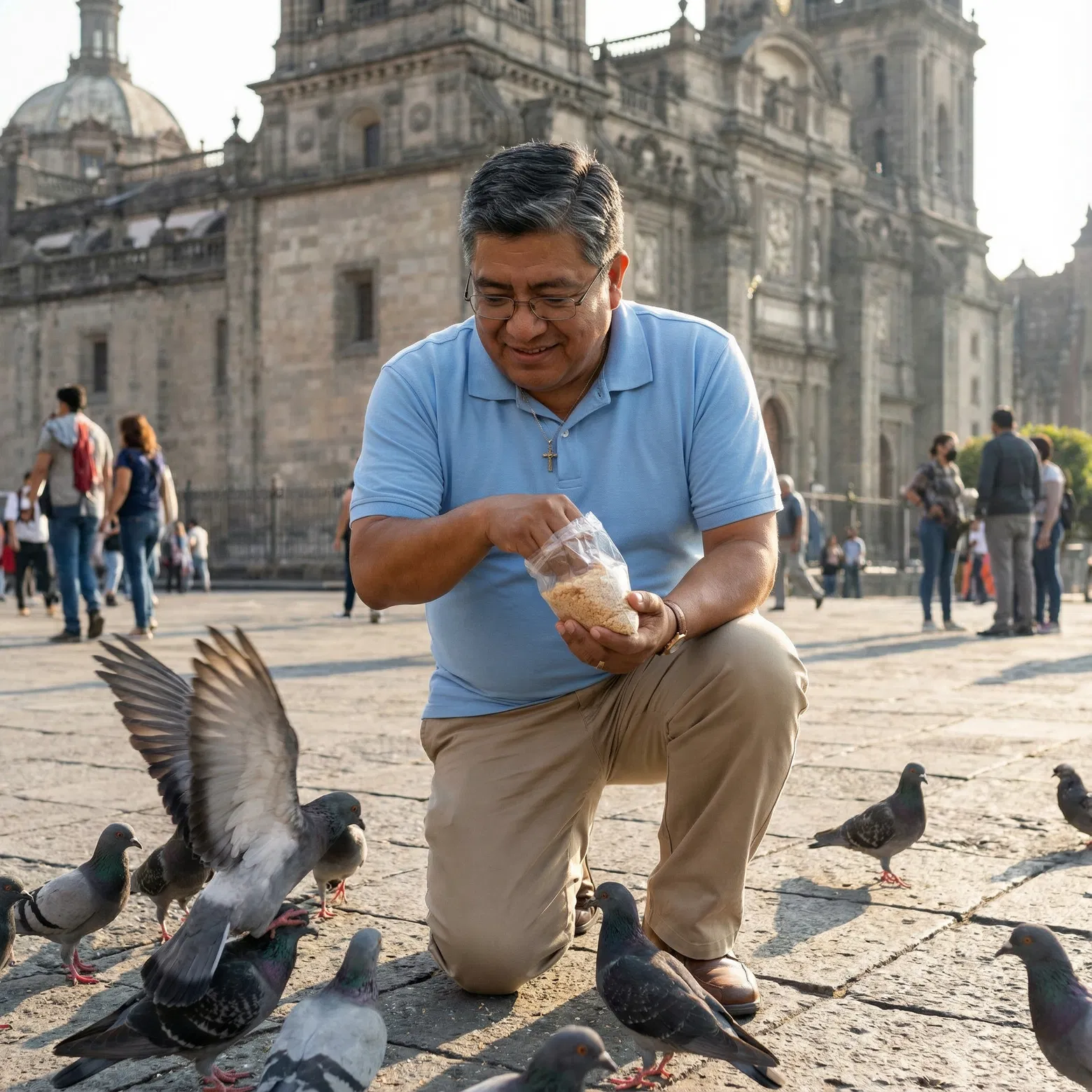Mando feeding pigeons