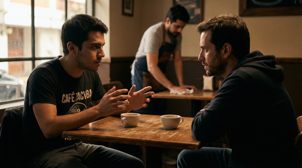 Diego beugt sich über den Cafétisch vor, sein Blick intensiv, während er Sebastián seinen Plan erklärt. Der Kontrast zwischen Diegos abgetragener Kleidung und Sebastiáns Startup-Look ist deutlich.