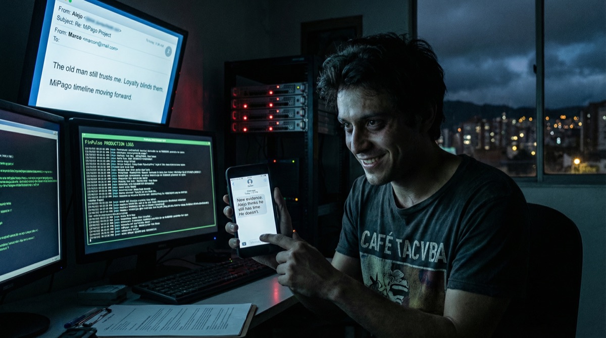 Diego sitzt in seiner Wohnung in Suba, umgeben von summenden Servern und dem blauen Schein mehrerer Monitore. Sein Gesicht ist konzentriert, während er E-Mail-Verkehr überwacht — ein digitaler Wächter in den Schatten.