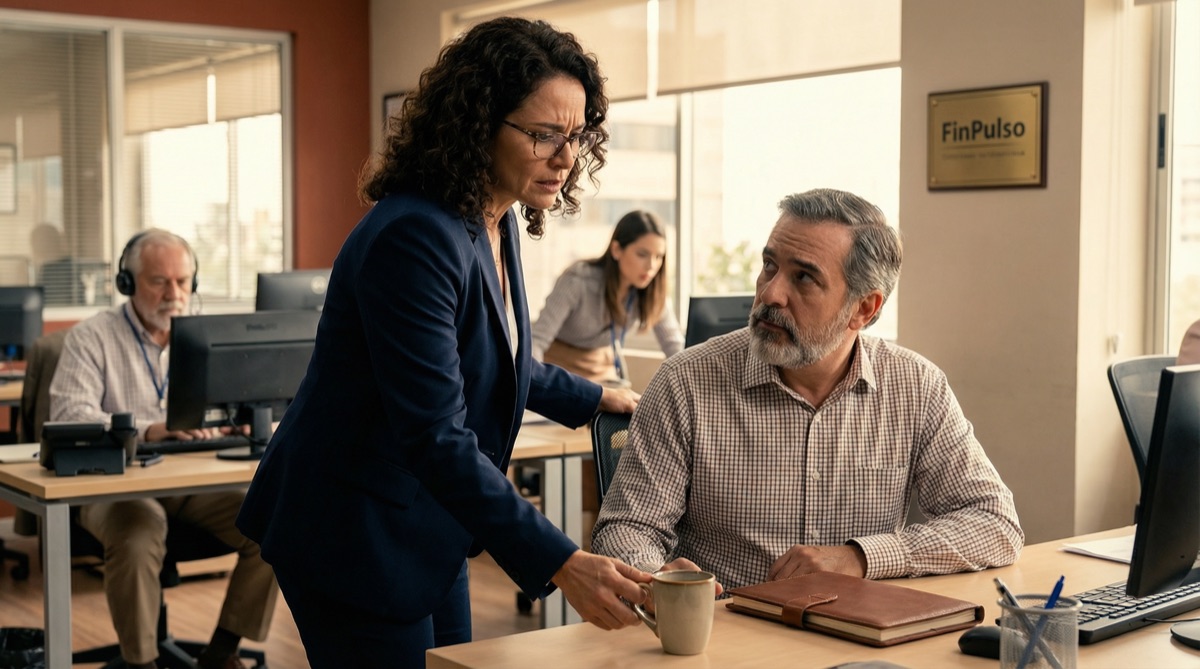 Laura steht in der Büroküche, ein Tablett mit Kaffee in den Händen, ihr Gesicht zeigt sorgenvolle Warnung, während sie leise mit Stefan spricht. Hinter ihnen geht das Büro seinem üblichen Treiben nach.