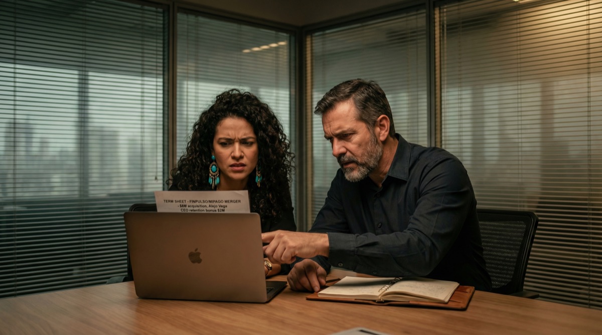 Ein Bildschirm zeigt ein Dokument mit fettgedruckten Überschriften und Finanzdetails — das Term Sheet, das Alejos Verrat beweist. Isabellas und Stefans Hände sind am Rand des Bildschirms sichtbar.