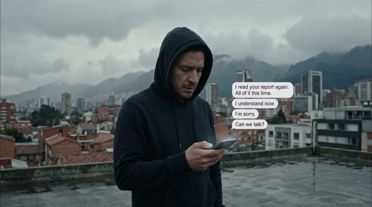 Sebastián steht allein auf dem regennassen Dach des Bürogebäudes, sein Handy in der Hand, während er auf Diegos Nachrichten blickt. Der graue Bogotáer Himmel erstreckt sich hinter ihm.