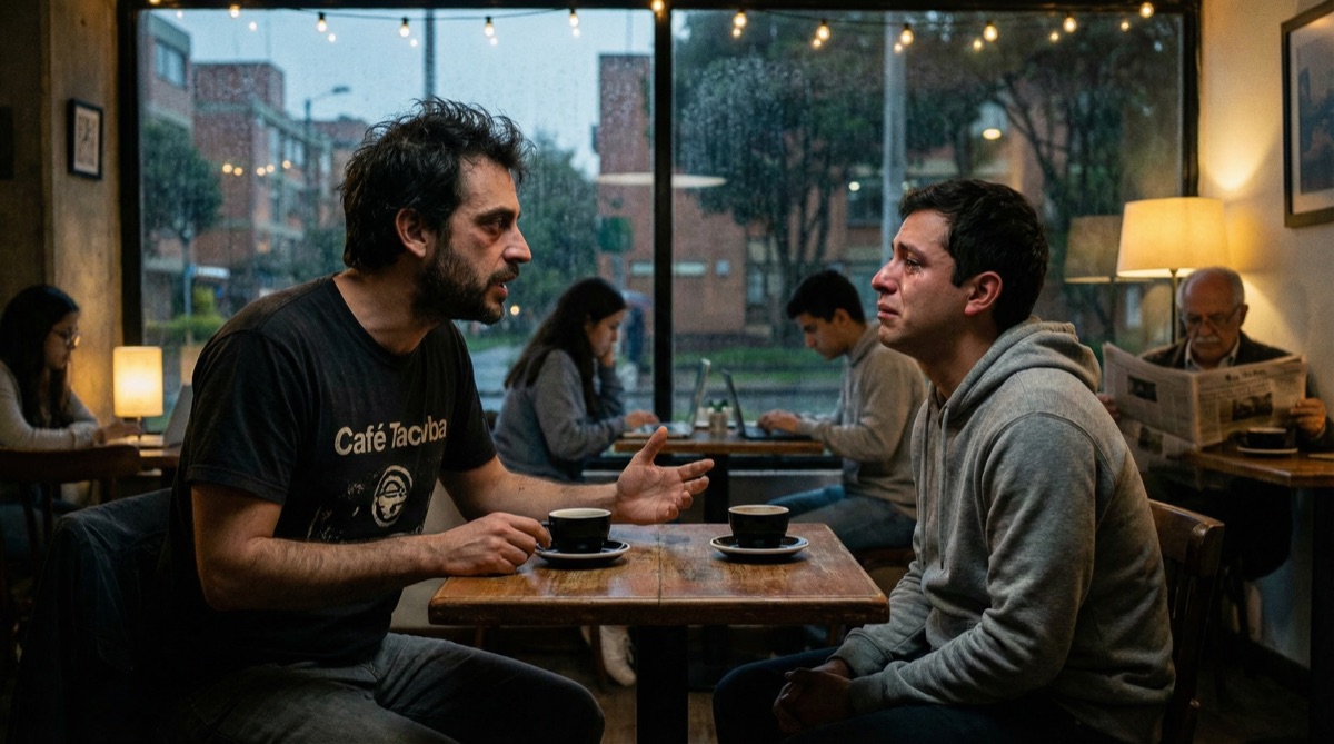 Diego und Sebastián sitzen einander in einem kleinen Café gegenüber, ein unberührter Kaffee zwischen ihnen. Das warme, gedämpfte Licht kontrastiert mit der Spannung in ihren Gesichtern.