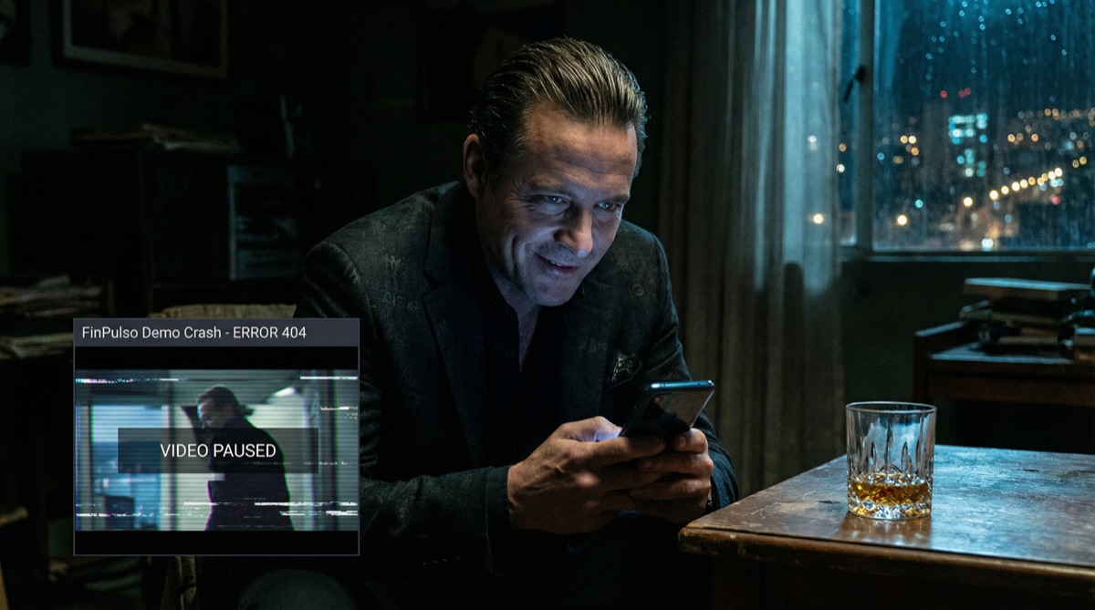 Alejo sitzt im Dunkeln, sein Gesicht vom Handybildschirm beleuchtet, der das Demo-Absturz-Material zeigt. Sein Lächeln ist kalt, berechnend. Der gefallene CFO hat seine Gelegenheit gefunden.