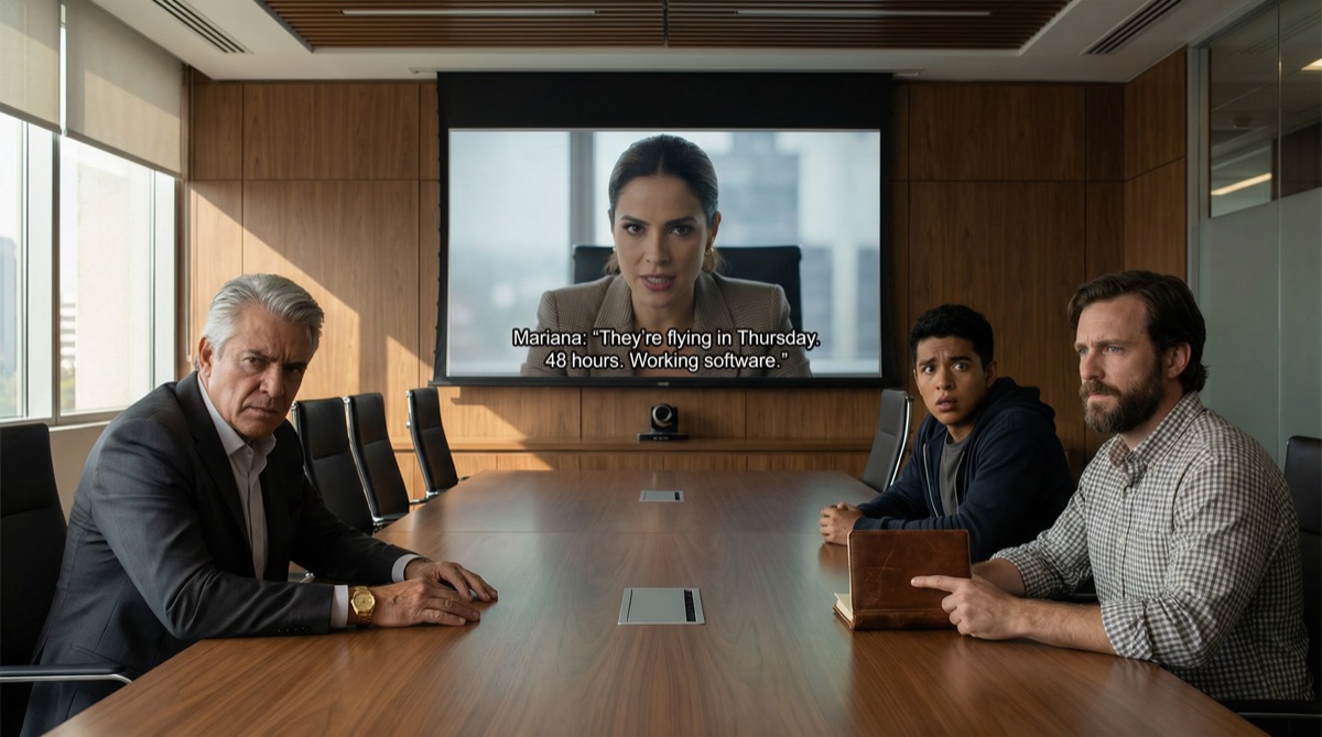 Mariana Ríos erscheint auf dem Konferenzraum-Bildschirm, ihr Ausdruck ernst aber nicht unfreundlich. Don Hernando, Sebastián und Stefan hören vom Tisch aus zu. Die Nachricht, die sie bringt, wird alles verändern.