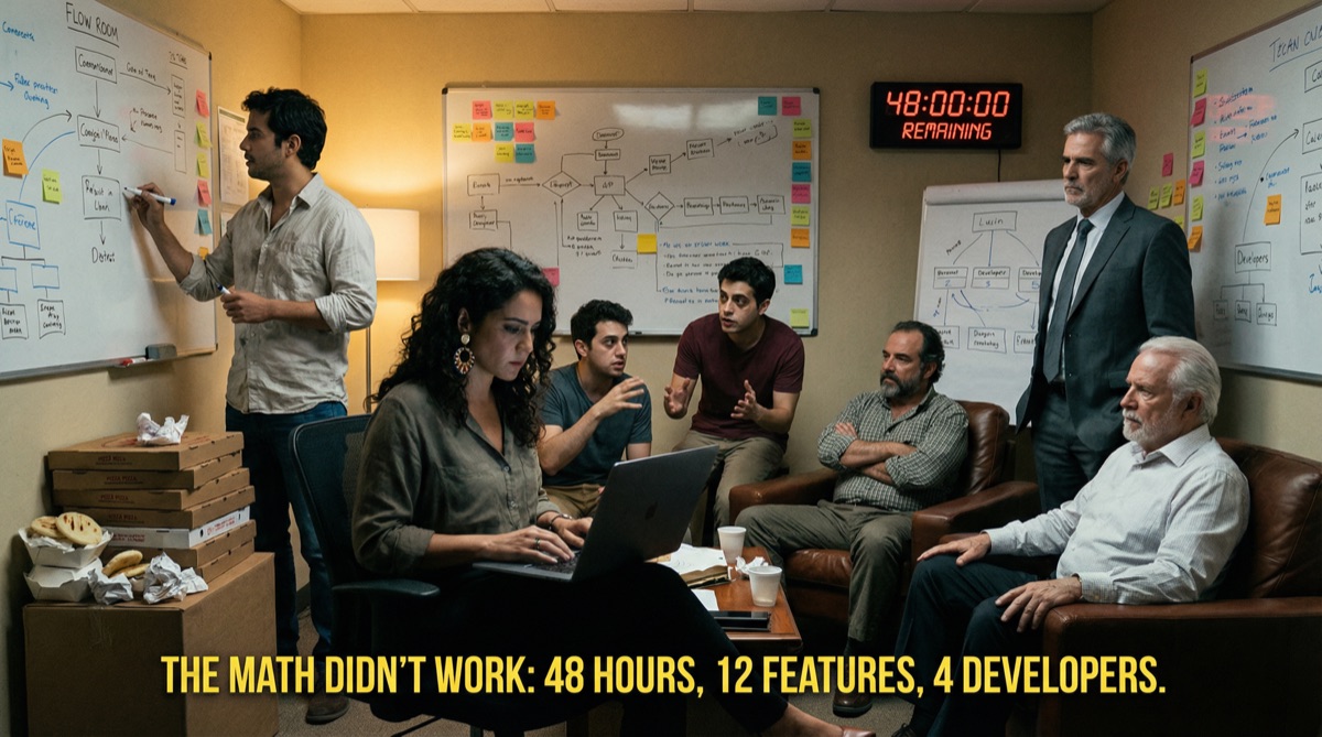 Der FinPulso-Konferenzraum verwandelt in einen Bunker. Whiteboards bedeckt mit Diagrammen, Pizzakartons in den Ecken gestapelt, das Team in angespannter Diskussion versammelt. Die Uhr an der Wand zeigt: noch 48 Stunden.