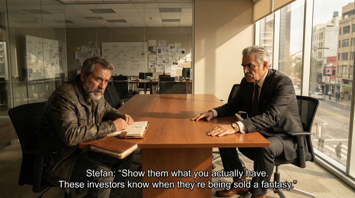 Stefan sitzt Don Hernando während einer Pause im Bunker gegenüber. Sein Notizbuch ist offen, sein Ausdruck ernst. Der deutsche Developer Advocate ist dabei, etwas Radikales vorzuschlagen.