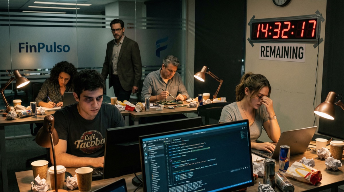 Das FinPulso-Büro um 23 Uhr, in der Nacht vor der Demo. Überall leere Kaffeetassen. Ein Countdown-Timer an der Wand. Diego und Camila an ihren Schreibtischen, erschöpft aber entschlossen. Das Team ist zu einer Kriegsmaschine geworden.