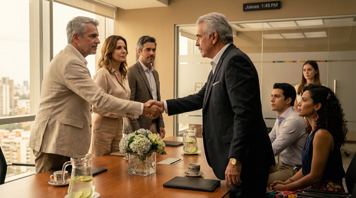 Die São Pauloer Investoren kommen bei FinPulso an, begrüßt von Don Hernando im polierten Konferenzraum. Frische Blumen, guter Kaffee, das Erscheinungsbild eines Unternehmens unter Kontrolle. Hinter den Kulissen hält das Team den Atem an.