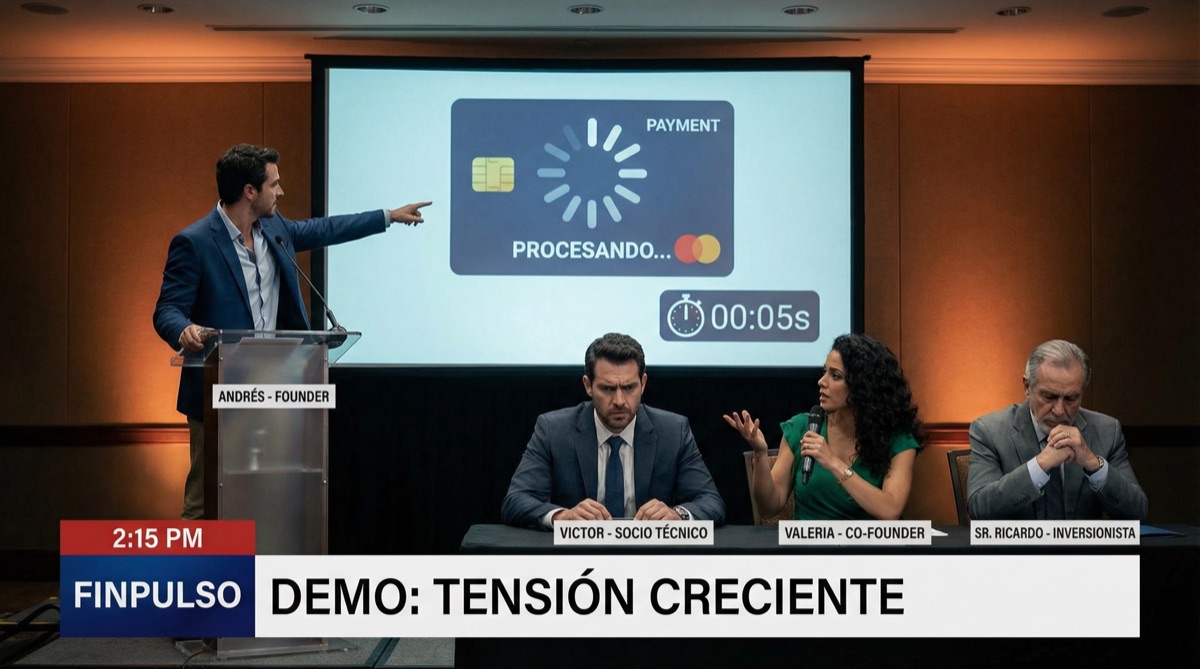 Sebastián am Podium, demonstriert eine Live-Transaktion. Der Ladespinner auf dem Bildschirm dreht sich seit fünf Sekunden zu lange. Victor, der technische Investor, beobachtet mit zunehmender Aufmerksamkeit. Die ersten Risse erscheinen.