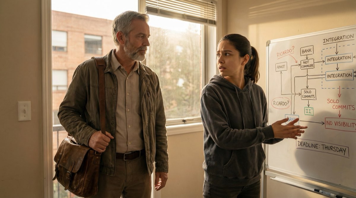 Stefan steht in der Tür des Konferenzraums und beobachtet Camila am Whiteboard. Seine Anwesenheit bringt Ruhe, aber das Problem, das sie beschreibt, erfordert mehr als Ruhe. Es erfordert eine Entscheidung.