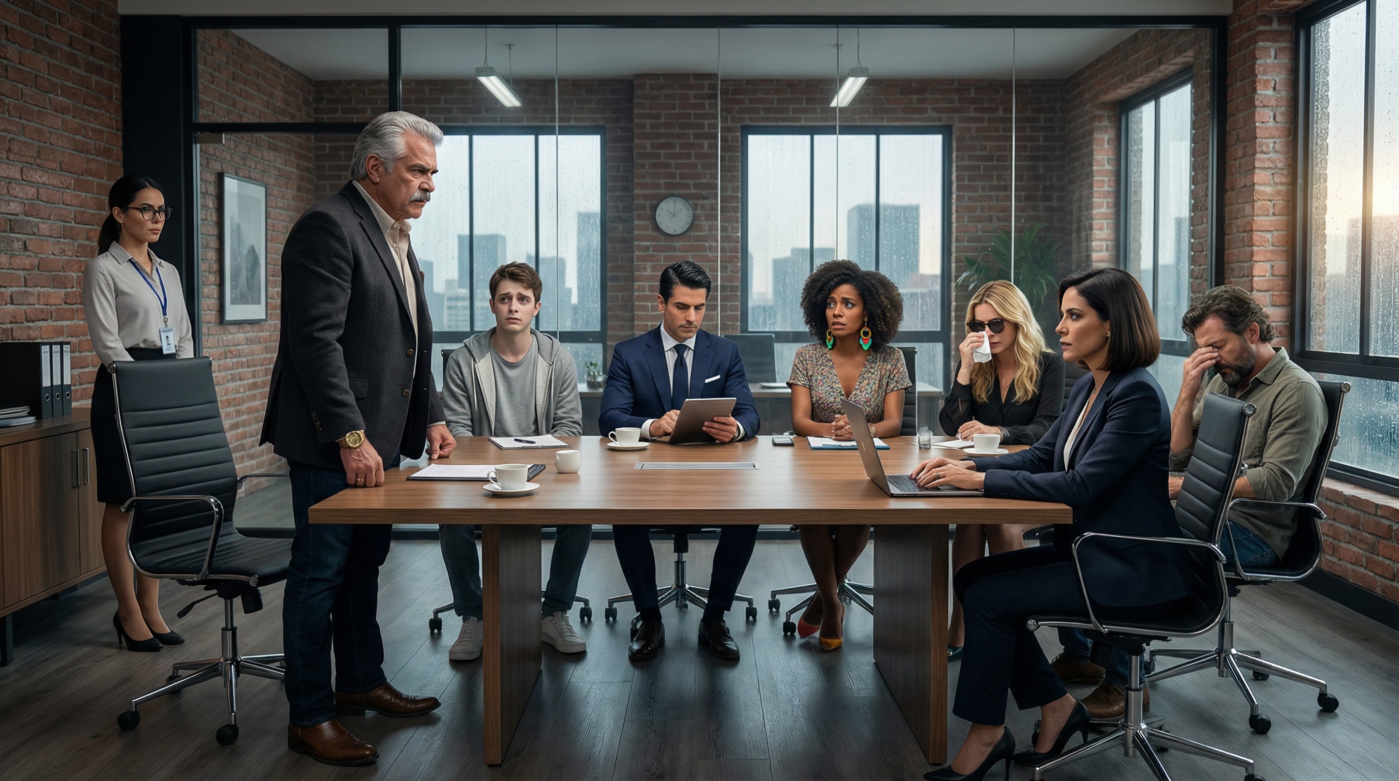The FinPulso team sits in tense silence around the conference table as rain streaks the windows. Mariana Ríos from Vulcano Capital demands answers while Don Hernando's face reveals the weight of his investment.
