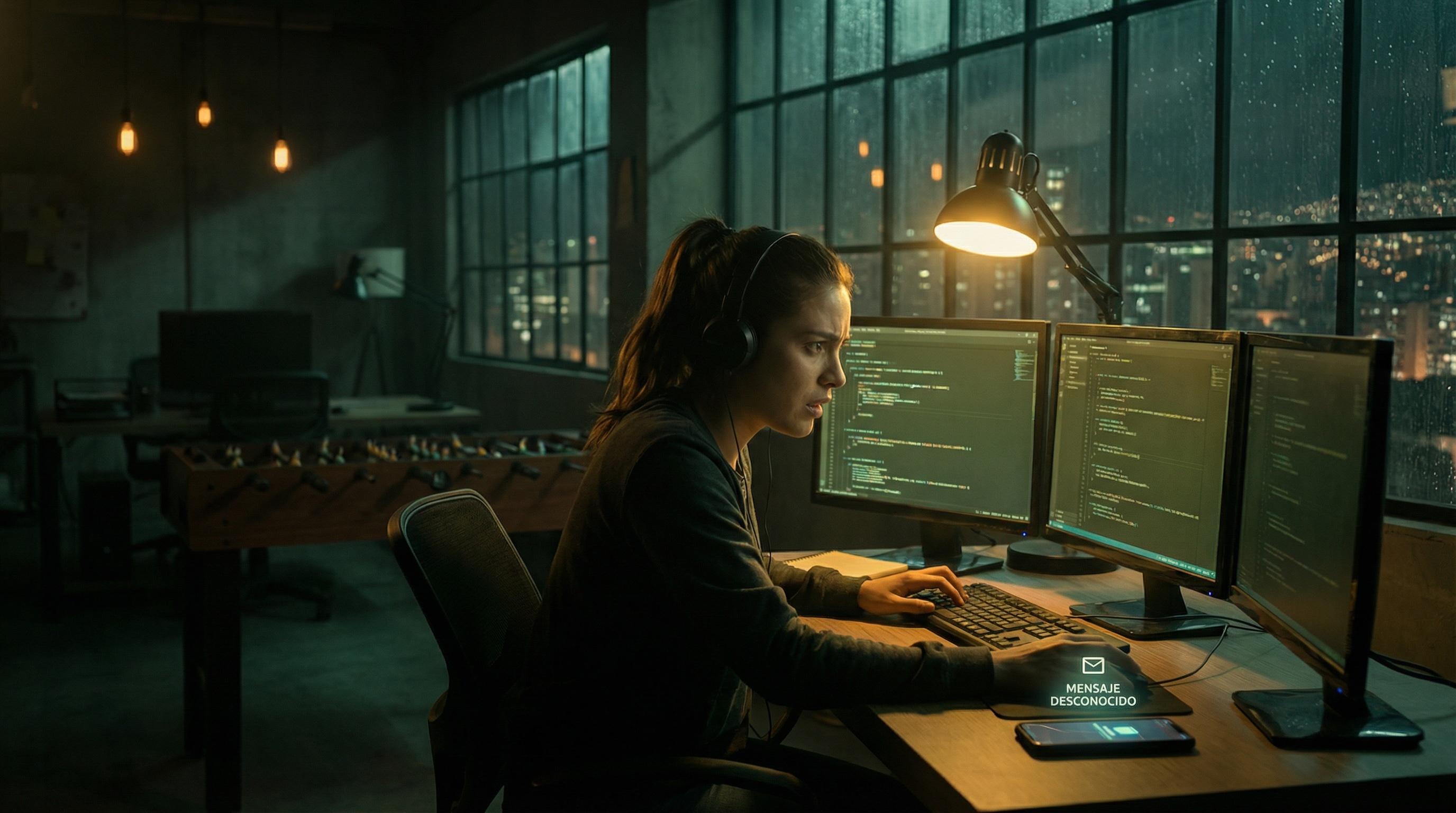 Camila Torres sits alone in the dark FinPulso office, her face illuminated by her monitor as she writes clean code while a mysterious message notification glows on her phone.