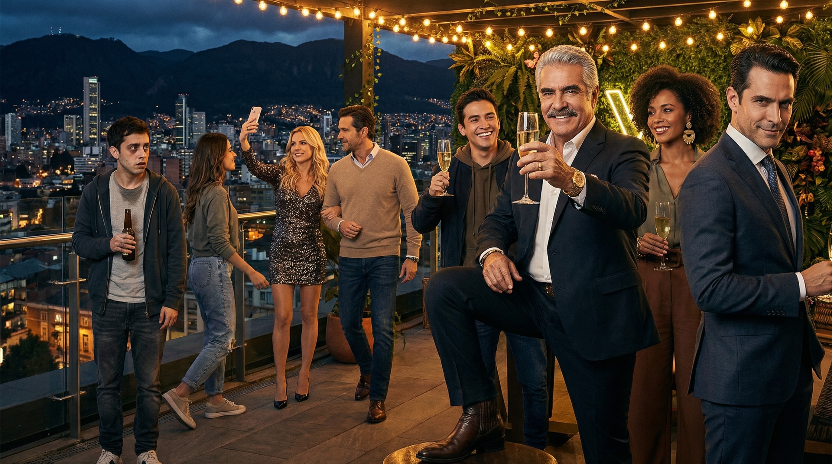 Don Hernando raises his champagne glass on the rooftop terrace, the Bogotá skyline glittering behind him as the FinPulso team celebrates their $15 million Series A.