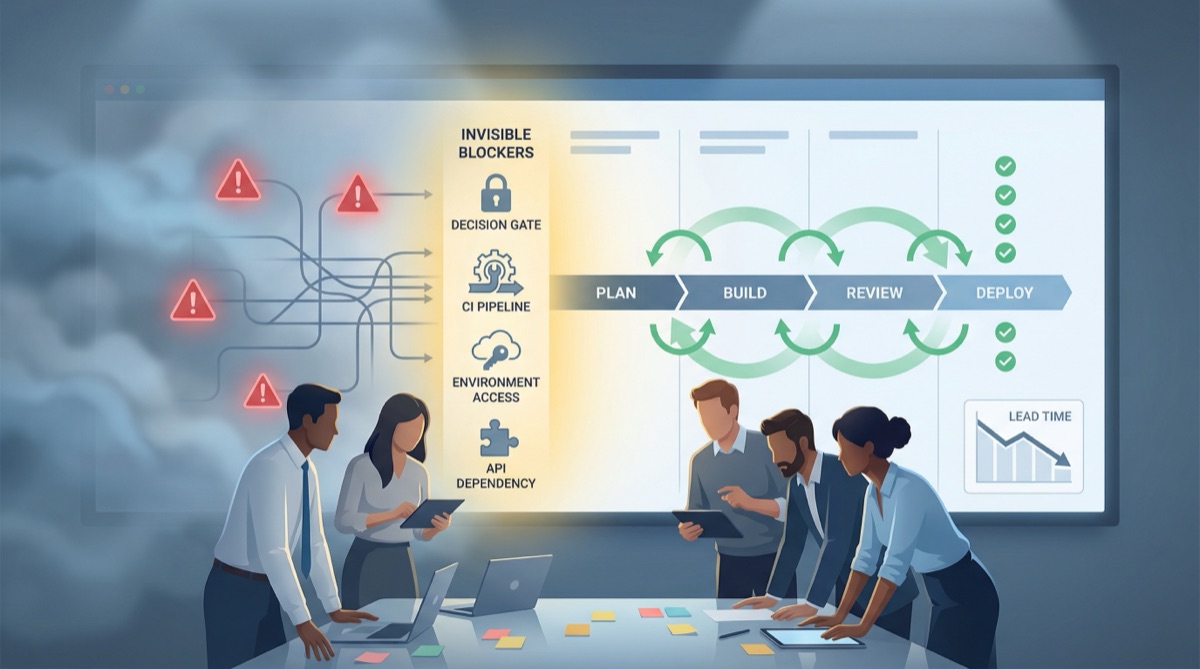 Developer at desk with multiple monitors showing chaotic timelines, conflicting estimates, and question marks representing unpredictable delivery