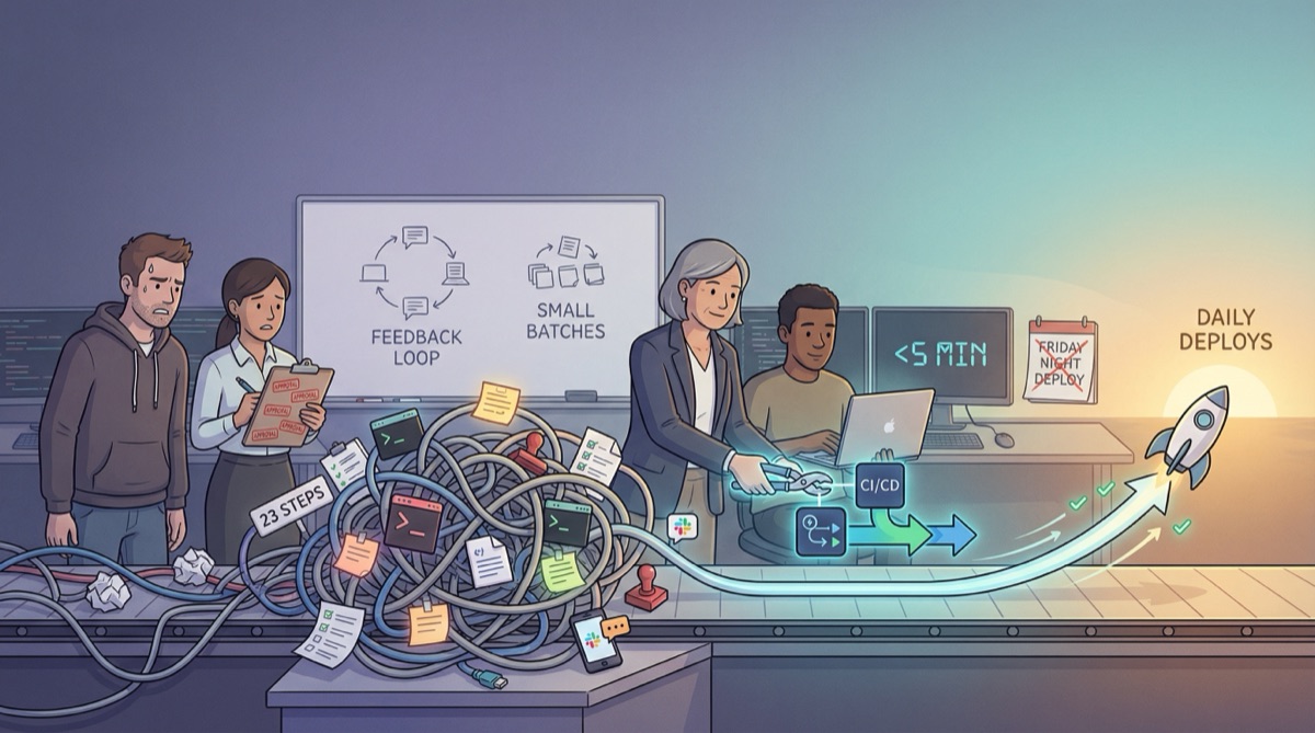 Developer at desk surrounded by deployment process diagrams, checklists, and approval forms representing deployment friction