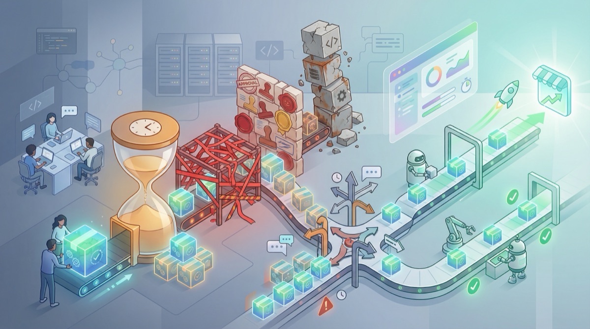 Interlocking gears and mechanical components representing organizational friction in software delivery systems