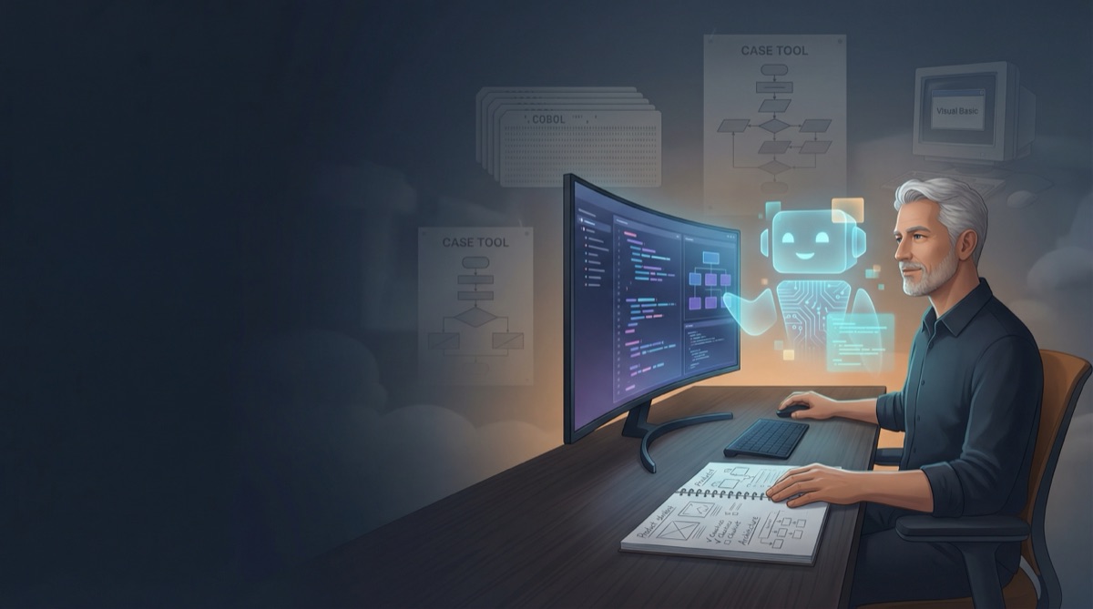 A calm senior developer collaborating with an abstract AI presence