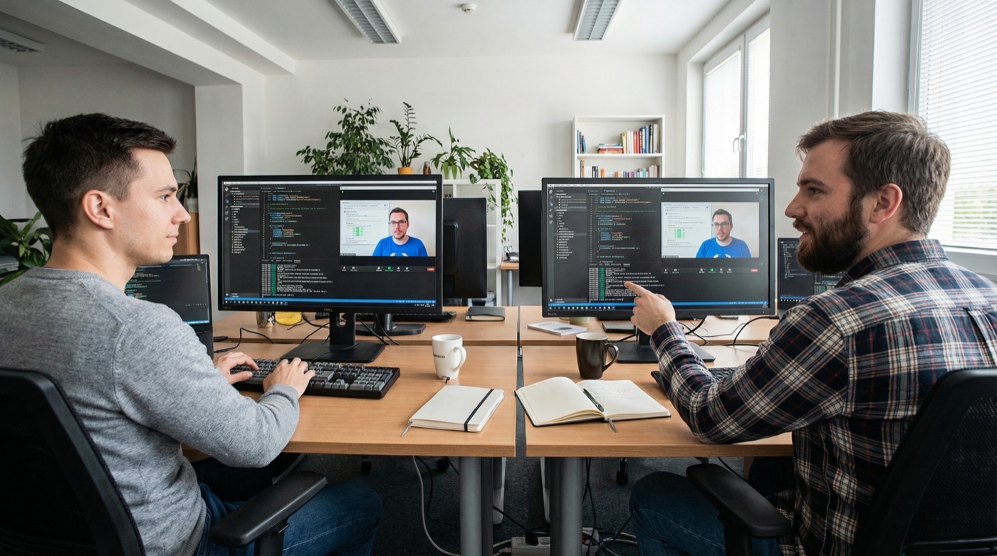 Two developers from the same team in a live remote training session, working through code together with a trainer on screen.