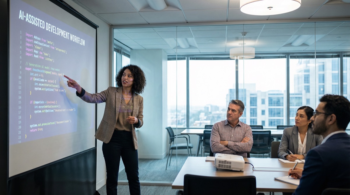 Martin sitzt hinten im Konferenzraum, die Arme verschränkt, während er die KI-Demonstration beobachtet. Seine jüngeren Kollegen beugen sich begeistert nach vorne.