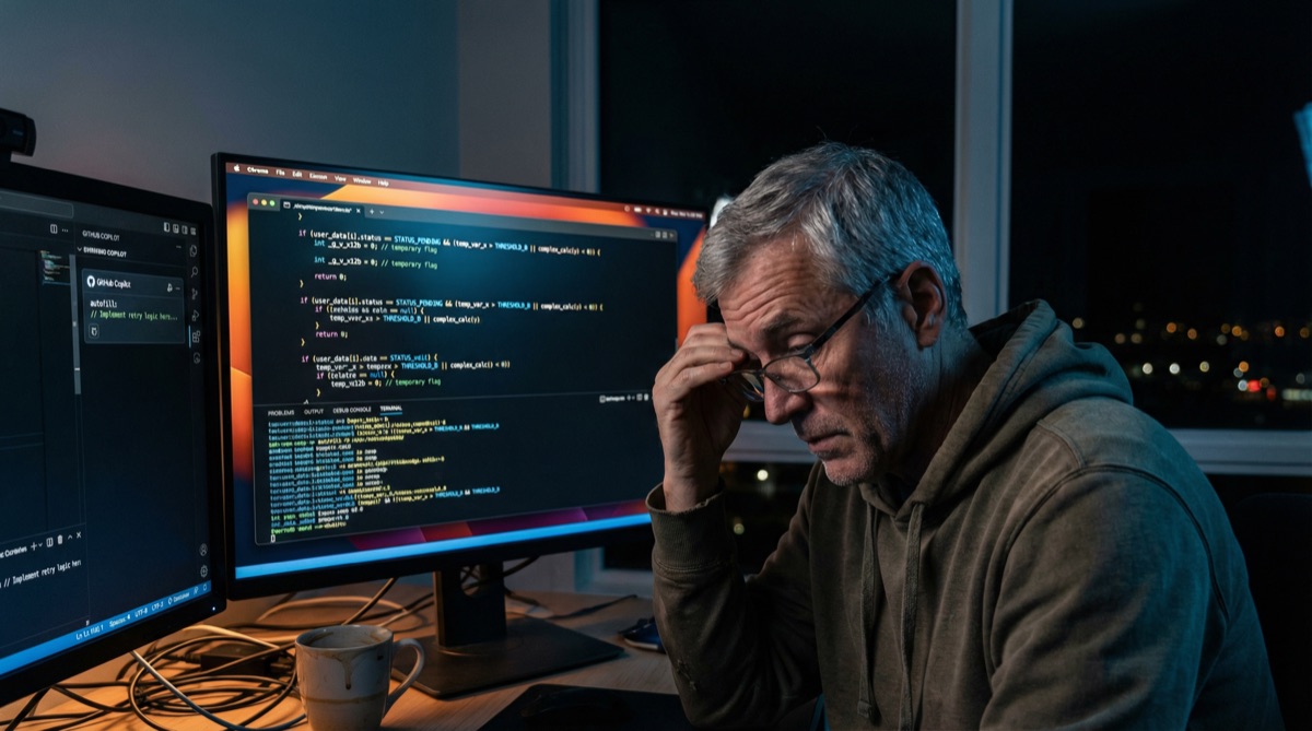 Martin allein an seinem Schreibtisch um 2 Uhr nachts, das Monitorlicht beleuchtet sein Gesicht, das Büro um ihn herum leer. Die Lösung funktioniert endlich.