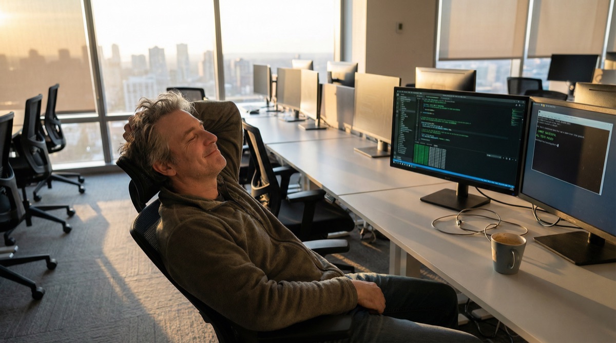 Martin an seinem Schreibtisch, als das Morgenlicht durch das Fenster strömt, ein stiller Moment der Erkenntnis in seinem Gesicht. Die Angst hat sich in Verstehen verwandelt.