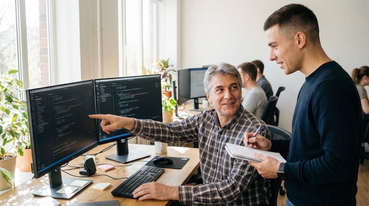 Martin und ein Junior-Entwickler an einer Workstation, Martin zeigt auf den Bildschirm, während er seinen Ansatz erklärt. Der jüngere Entwickler hört aufmerksam zu.