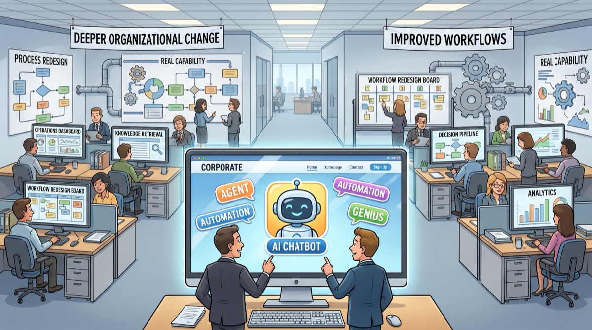 Office illustration contrasting an AI chatbot homepage widget with deeper workflow redesign and real operational capability