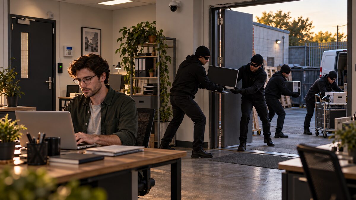 An office worker focuses on his laptop while a chain of burglars passes equipment out through the open back door behind him.