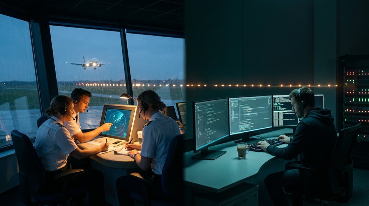 Split scene: air traffic controllers coordinate an incoming plane while a lone developer supervises multiple coding agents.