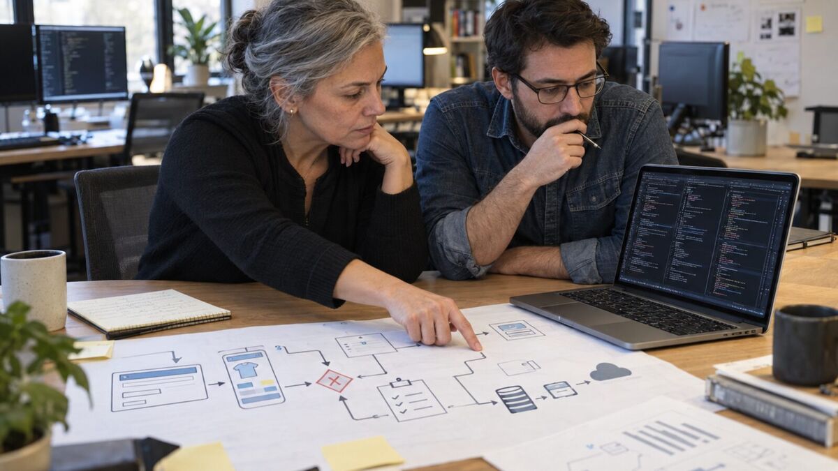 Two software professionals trace a broken workflow handoff beside a laptop displaying code.