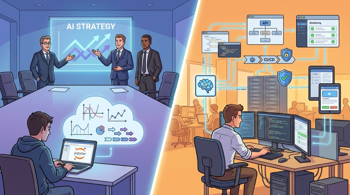 Ilustración dividida: de un lado, ejecutivos presentan una estrategia de IA sobre un único data scientist con Jupyter; del otro, un desarrollador de software opera APIs, CI/CD, seguridad y monitoreo.