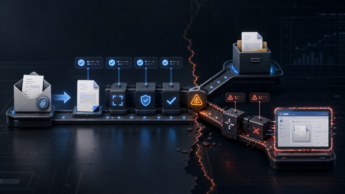 An invoice workflow splits between validated document processing and a broken screenshot-based path