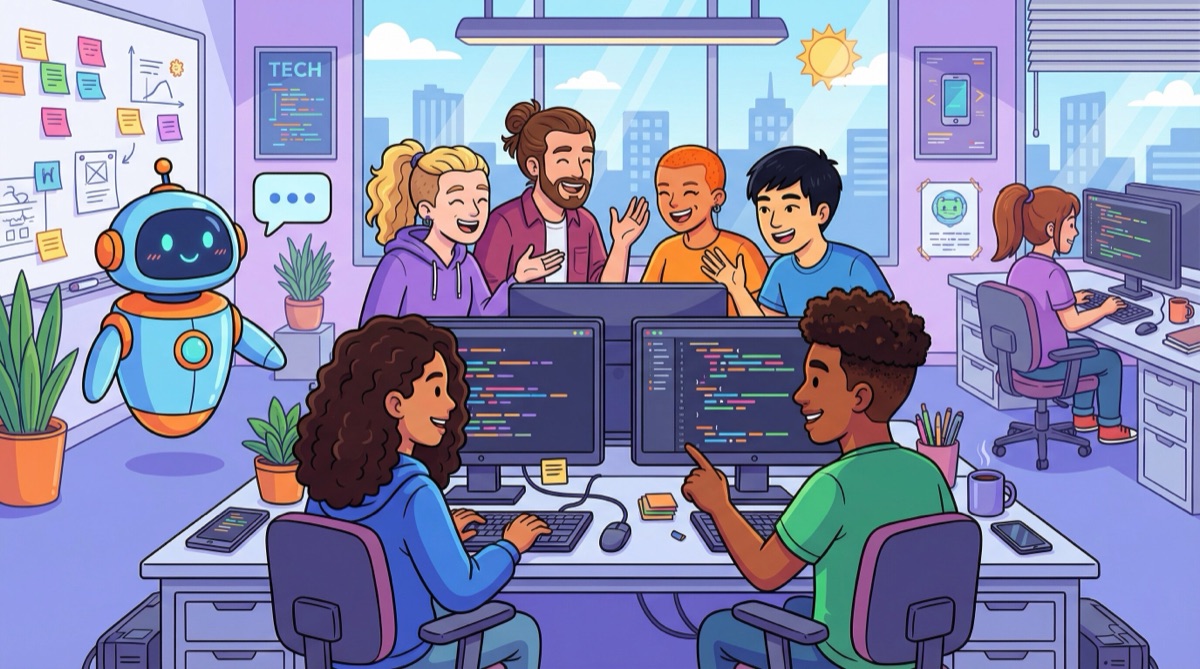 Two developers collaborating at a workstation, one pointing at code on the screen while the other types, illustrating pair programming in practice