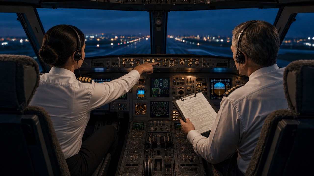 A female captain and male first officer follow a checklist in a flight deck.