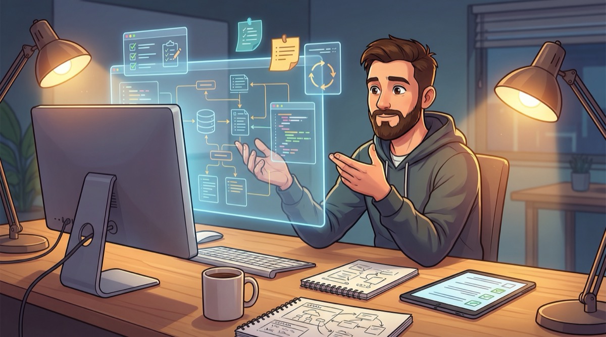 Illustration of a developer at a desk reviewing a glowing software system diagram beside a monitor