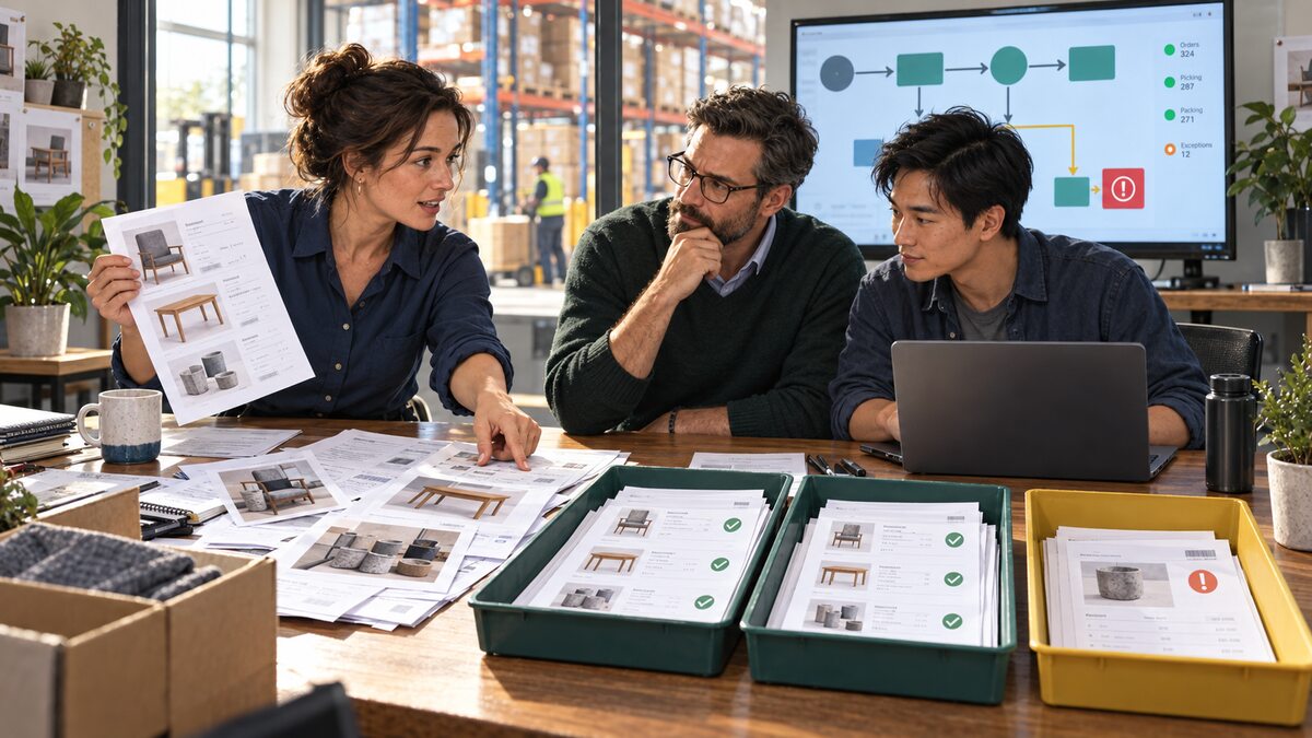 Una empleada explica pedidos de clientes a dos compañeros, junto a una computadora portátil, bandejas de pedidos revisados y un diagrama de flujo con una ruta para excepciones.