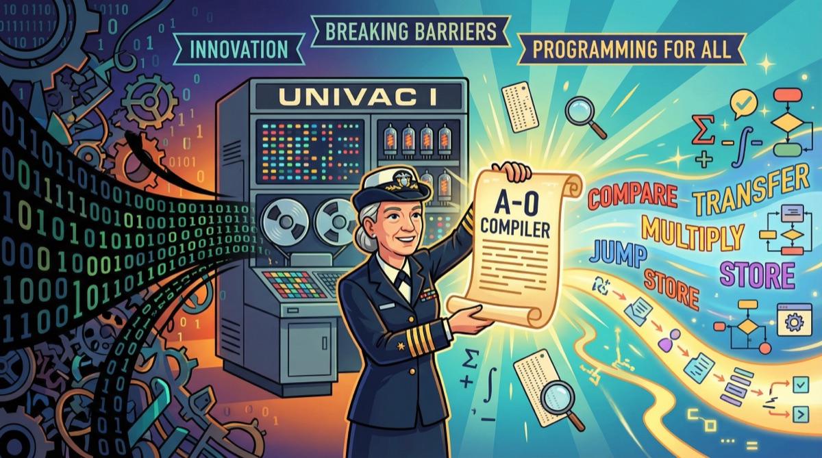 Artistic representation of Grace Hopper's legacy — a vintage computer terminal with flowing code transforming into human-readable text