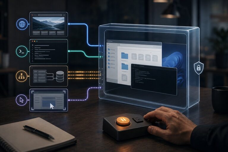 Browser, terminal, structured data, and cursor paths enter an isolated virtual workspace while a human hand rests near a pause control.