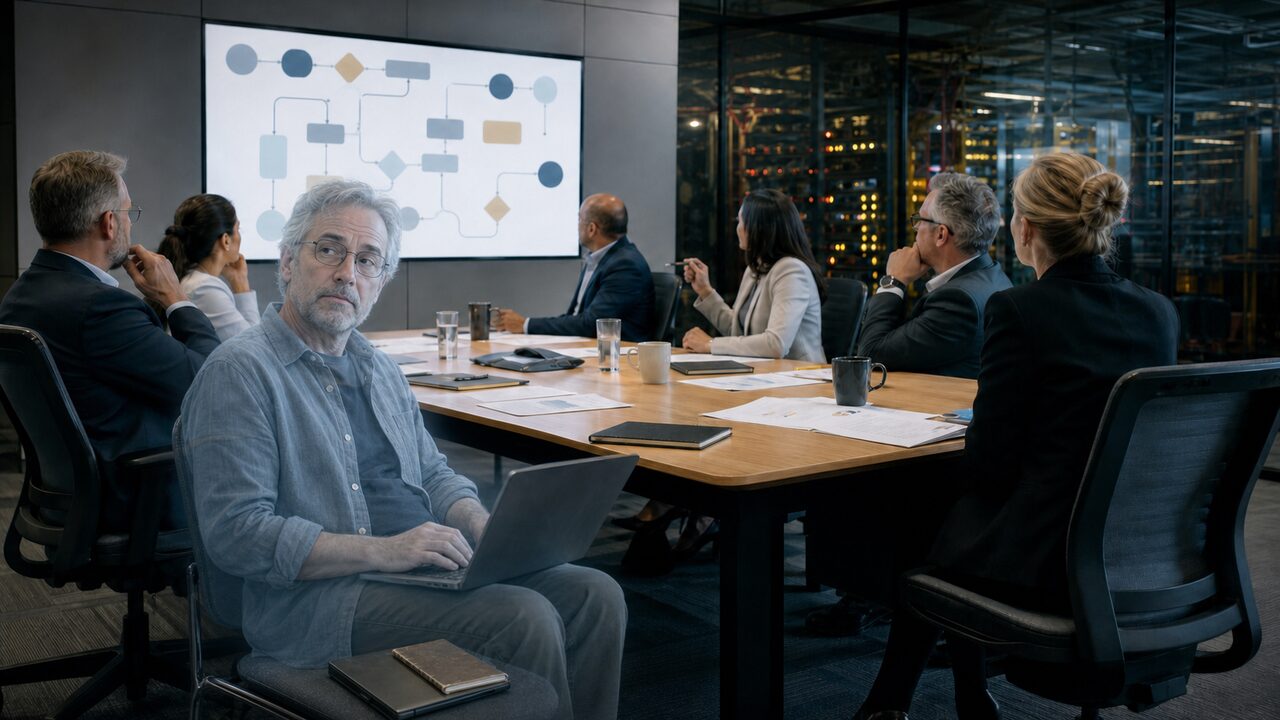 Ein geisterhaft wirkender erfahrener Software-Entwickler blickt skeptisch auf eine Digitalisierungsrunde vor einem sauberen Ablaufdiagramm.