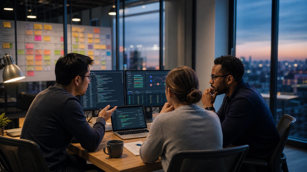 Drei Softwarefachleute prüfen Code, Tests und eine Release-Ansicht; im Hintergrund hängt ein Planungsboard.