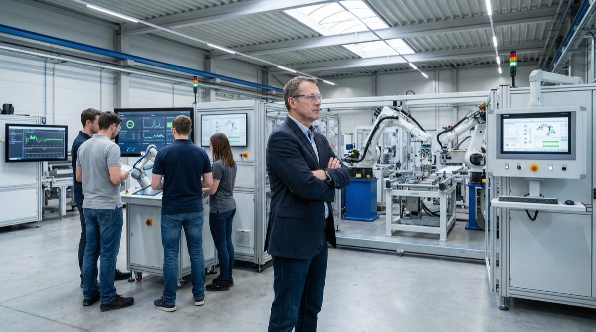 Geschäftsführer in einer automatisierten Produktionshalle mit Robotikzellen, Monitoren und Entwicklungsteam