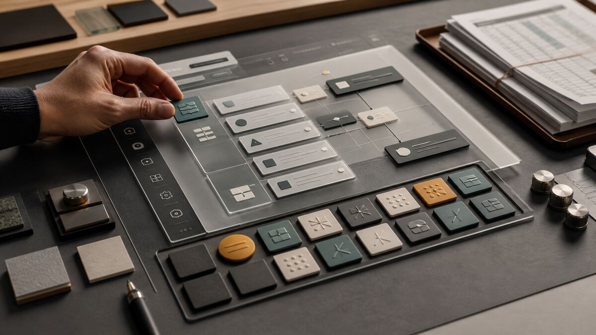 Una mano integra una pieza de lenguaje en un flujo de software modular mientras los documentos quedan apartados