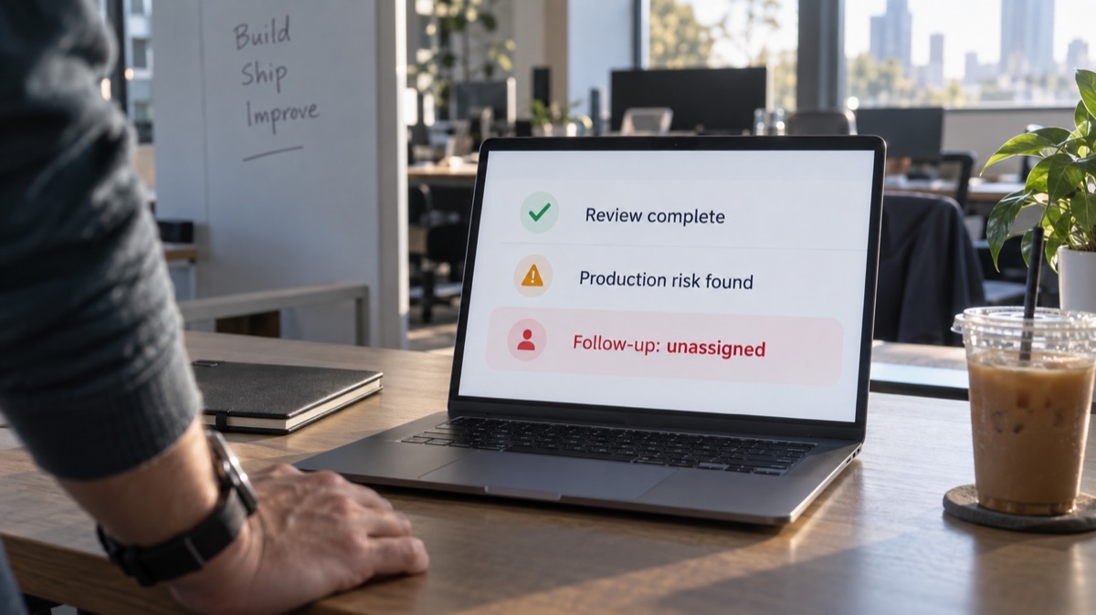 Una persona ante un escritorio mira un portátil con mensajes en inglés: revisión completada, riesgo en producción detectado y seguimiento sin asignar.