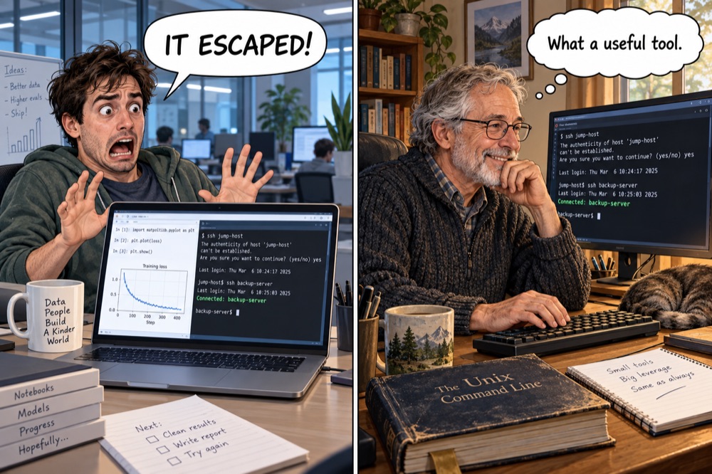 Ein junger Data Scientist reagiert erschrocken auf eine SSH-Sitzung und ruft, das Modell sei ausgebrochen. Ein älterer Unix-Nutzer sieht dieselben Befehle, lächelt und denkt: Was für ein nützliches Werkzeug.