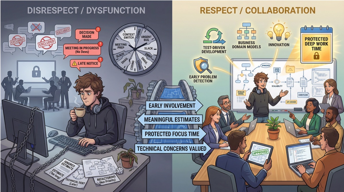 Developers collaborating in a respectful environment, focused on solving problems together