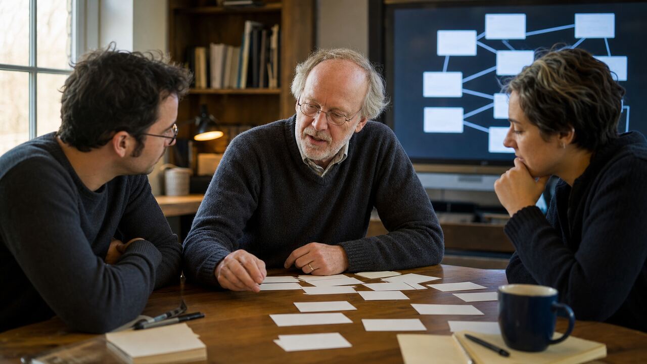 Ward Cunningham bespricht mit zwei Entwicklern ein Design, mit Karteikarten neben einem Bildschirm mit verknüpften Seiten.