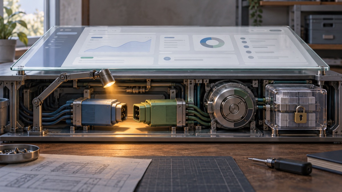 Una lámpara de inspección ilumina módulos azules y verdes desconectados bajo una interfaz pulida, junto a un mecanismo circular y un compartimento de datos cerrado con candado.
