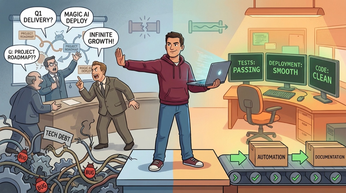 A contrasting split image showing a 'sticker distributor' mascot versus a serious engineer analyzing a broken pipeline